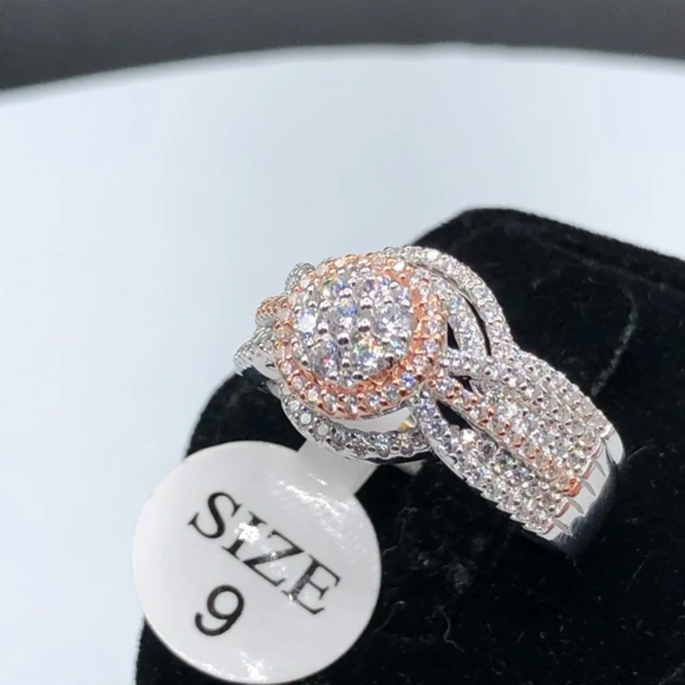 925 Sterling Silver Diamond Wedding Engagement Bridal 2 Band‎ Ring Set Sz 9